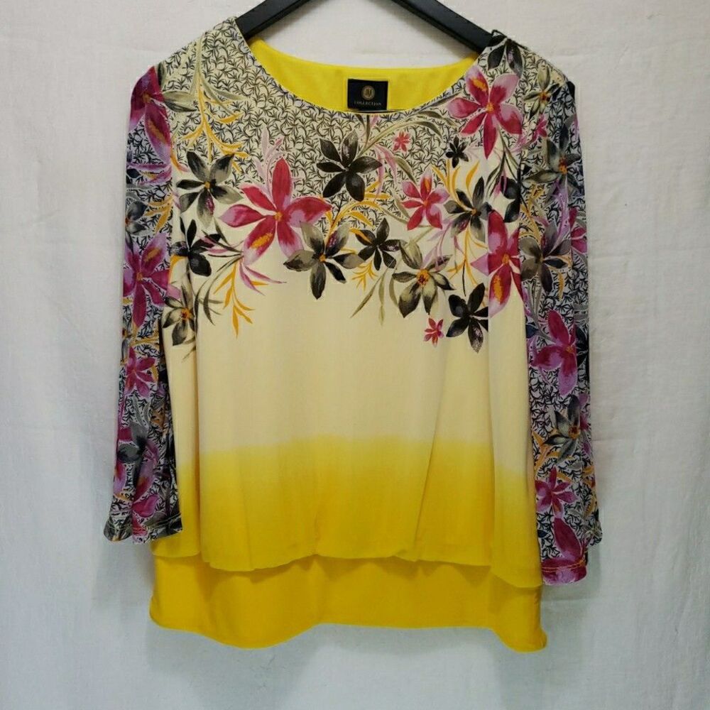 JM Collection Women's Size L Yellow Colorful Layer Blouse Floral Pullover
